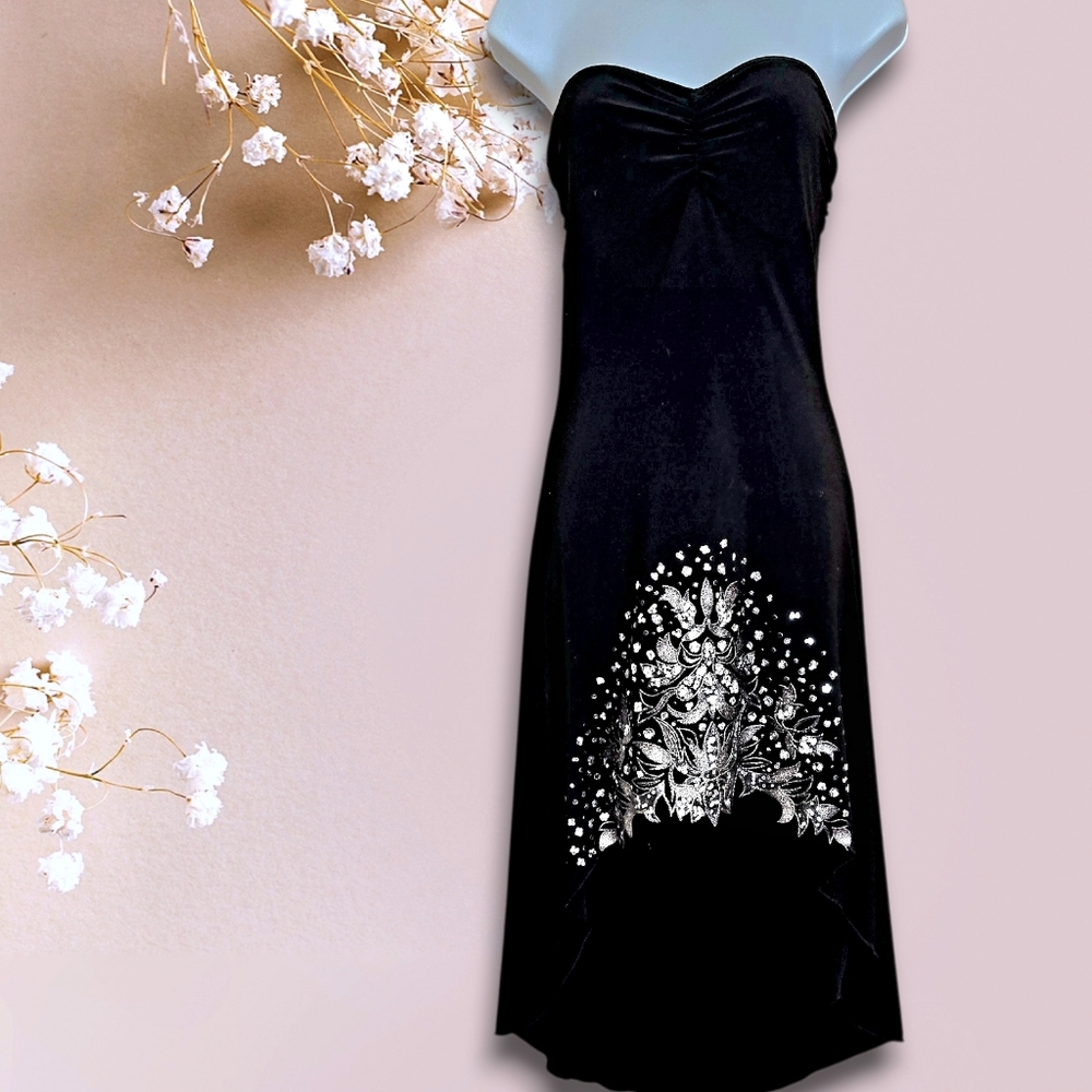 Sabora Black strapless midi dress w silver floral embroidery high-low hem Size L - Picture 2 of 9